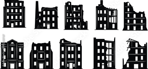 Abandoned ruined buildings silhouette vector set with damaged urban architecture, old city decay structures, dramatic black white illustration