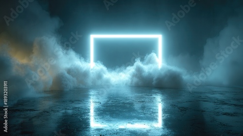 Glowing neon square frame in dark misty atmosphere with reflective floor