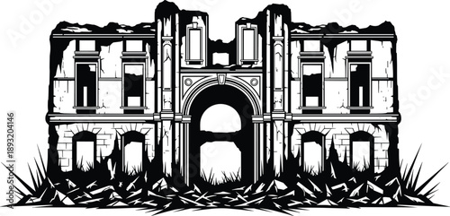 Abandoned ruined historic building silhouette vector illustration with classical arch architecture, dramatic black white urban decay design