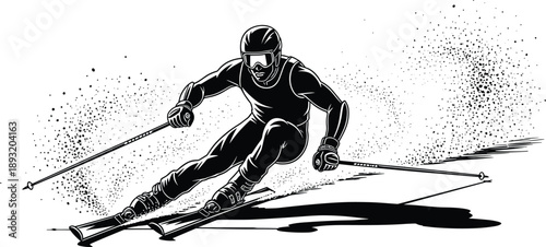 Dynamic downhill skier silhouette illustration showing speed motion snow spray action winter sport vector design isolated on white background