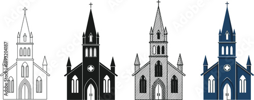 Church building icon set in multiple styles including outline silhouette hatch and colored vector illustration for religious architecture design use
