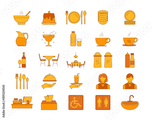 Set of 25 restaurant icons packs. Solid icon concept. Flat vector illustrations.