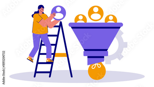 A woman placing employee icons into a funnel that turns into a lightbulb idea