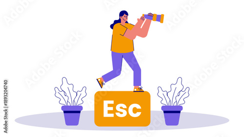 A woman standing on a large yellow Escape key looking through a telescope to find new opportunities