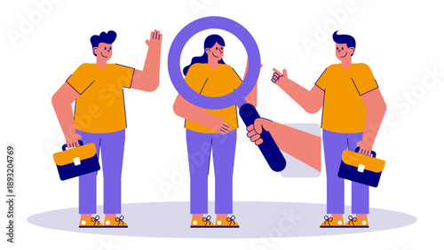 A large magnifying glass focuses on a female candidate while two businessmen look on to hire