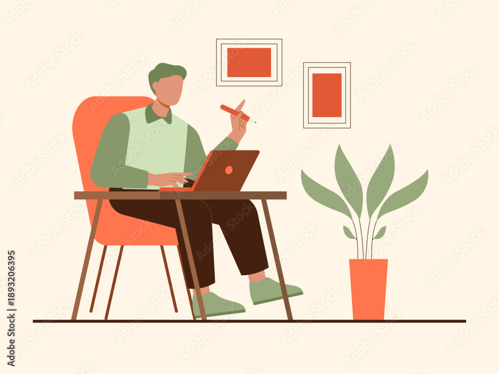 Fototapeta premium Man working working in a home office or a remote work setting. Solopreneur illustration. Flat vector concept.