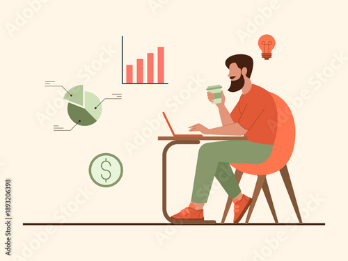 A man is working on a laptop surrounded by financial and business icons, such as bar graphs, pie charts, dollar symbols, and light bulbs. Solopreneur illustration. Flat vector concept.
