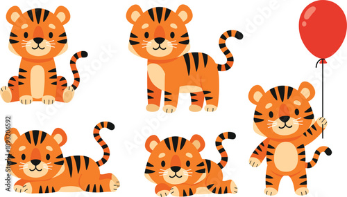 Cute Cartoon Tiger Cub Illustration Set with Playful Poses and Red Balloon
