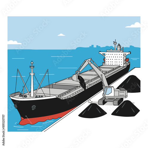Bulk carrier ship loading coal with excavator at port.