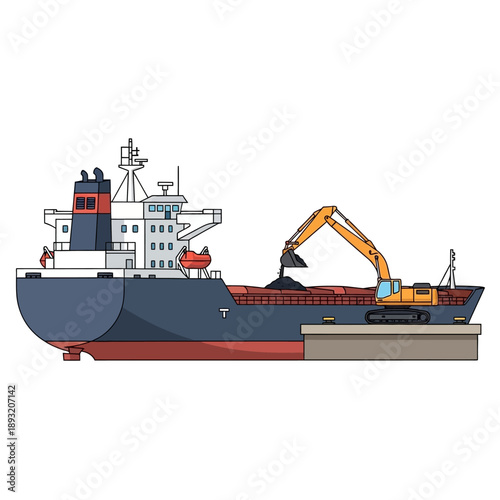 Cargo Ship Loading Excavator Industrial Port Scene.
