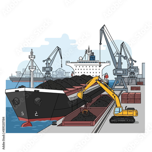 Coal Ship Loading and Unloading at Industrial Port with Excavator and Cranes.