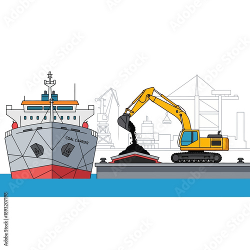 Excavator loading cargo onto a large cargo ship at a port.