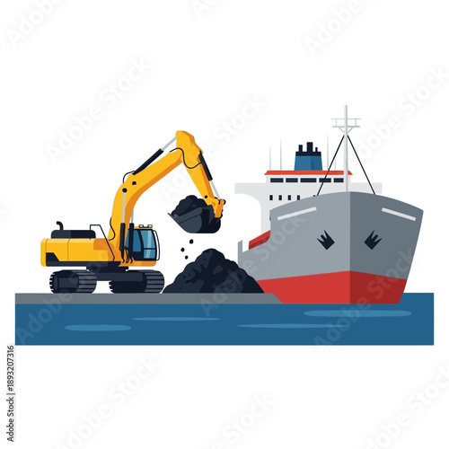 Excavator Loading Coal onto Cargo Ship at Port.