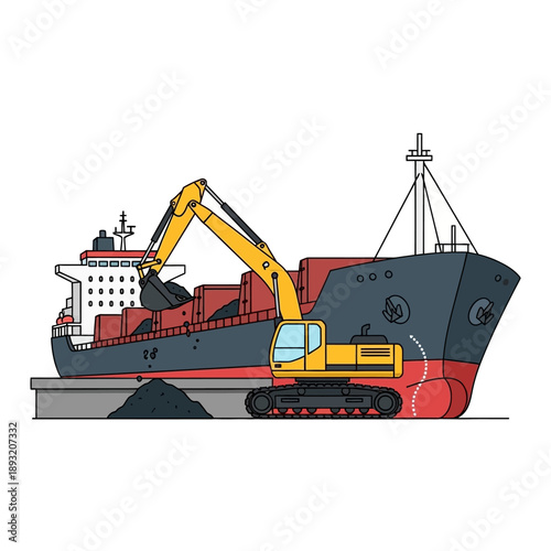 Excavator Loading Coal onto Cargo Ship at Port.