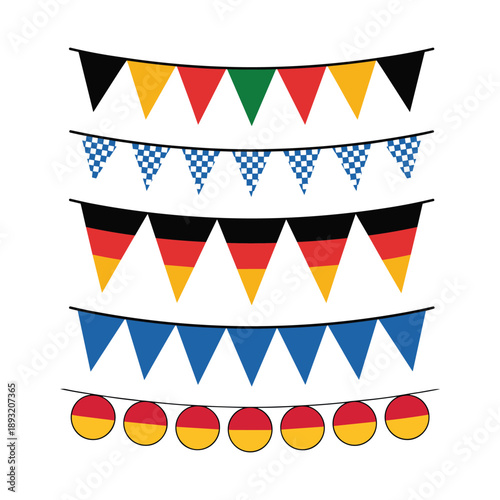 Colorful triangular and circular bunting flags in various patterns triangular flags circular flags