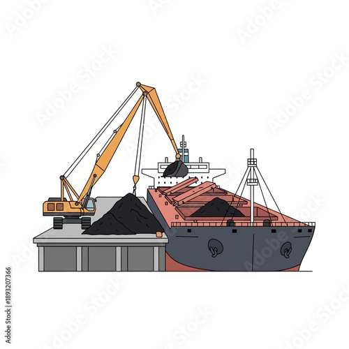 Industrial Crane Loading Coal onto Cargo Ship at Port.