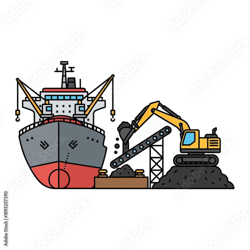 Industrial ship loading coal with excavator and conveyor belt.