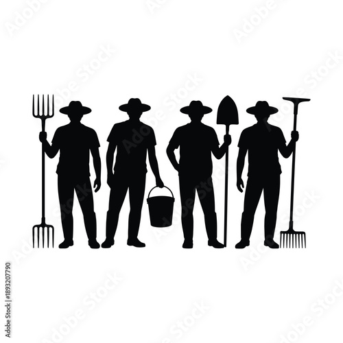 Four silhouetted farmers with gardening tools on white background silhouettes hats pitchfork