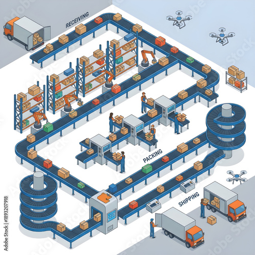 Automated Warehouse and Logistics System Concept Illustration with Robotic Arms, Conveyors, and Drones for Modern Supply Chain Efficiency