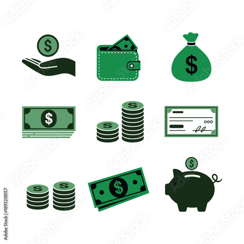 Green of money and financial symbols finance dollar coins bills vector illustration isolated on white background