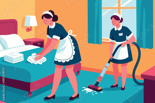 Illustration Of A Maid Folding Cloth And Another Maid Vacuuming The Dust On The Bedroom Floor Vector Design Template