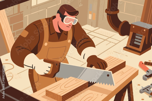 Illustration Of A Man Wearing Safety Equipment Who Is About To Cut Wood Vector Design Template