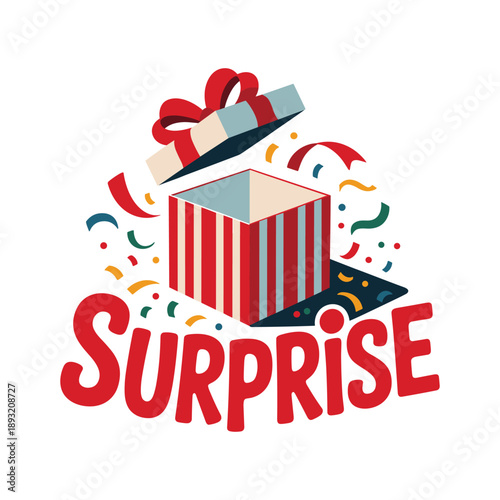 Red and white striped gift box with lid open and confetti surprise present red and white stripes vector illustration isolated on white background.