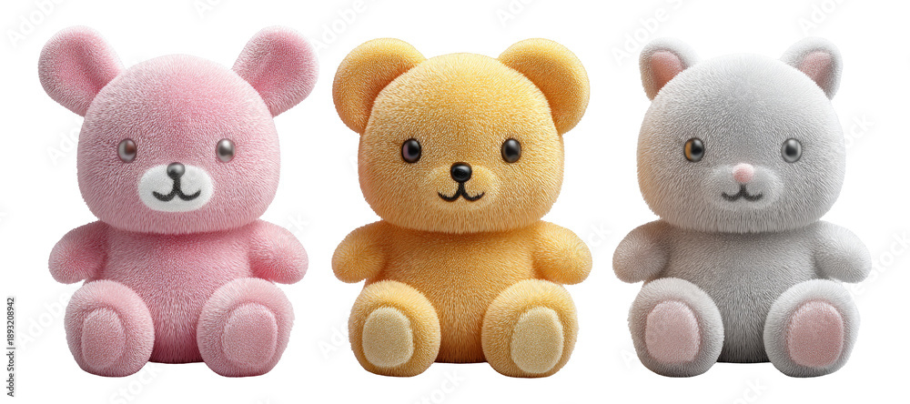 Obraz premium Adorable Plush Bear Models in Pink, Yellow, and Gray Colors for Kids