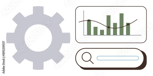 Business analytics, digital marketing, process improvement, data visualization, technological tools, performance tracking. Gear, bar graph and search bar . Business analytics and data visualization