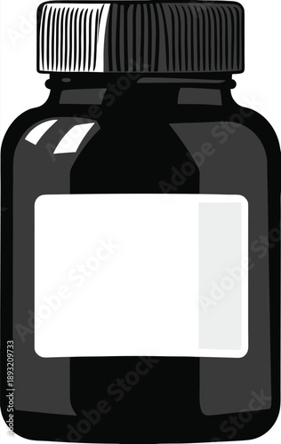 Black opaque pill bottle with blank white label for text, isolated on white background. Medicine container.
