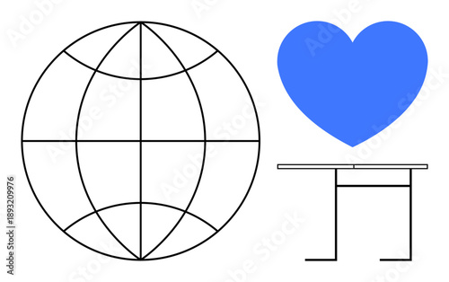 Global exchange, compassion, workspaces, communication, relationships, productivity. Abstract globe, blue heart and minimalist desk. Global exchange and compassion concepts