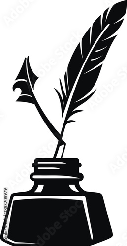Vintage quill pen and inkwell illustration graphic, symbol of writing and literature, isolated on white background.
