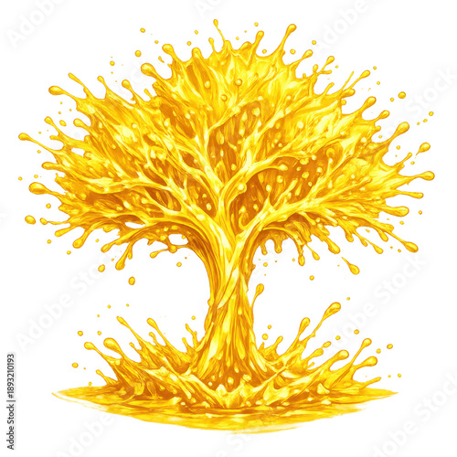 Vibrant golden liquid splash forming a beautiful abstract tree isolated on transparent background for creative designs