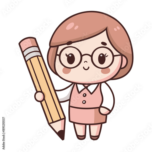 Minimal Cute Teacher Character Holding a Pencil Vector Illustration
