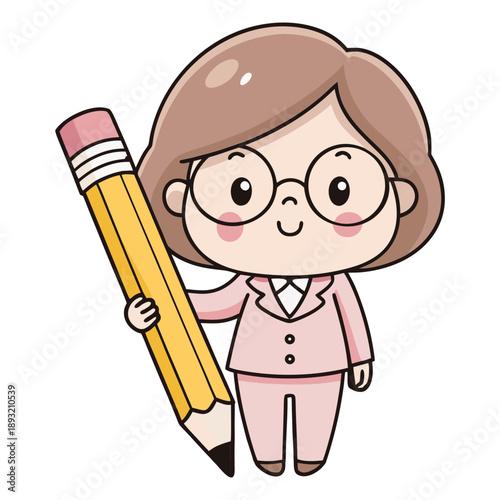Minimal Cute Teacher Character Holding a Pencil Vector Illustration
