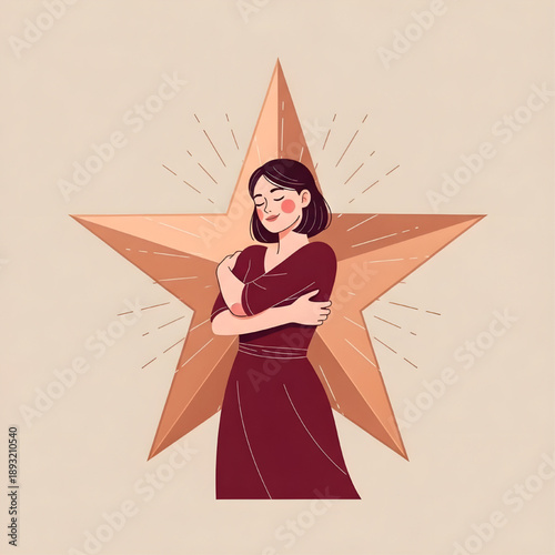 Empowered Woman Embracing Self-Love and Inner Strength Against a Radiant Golden Star Background