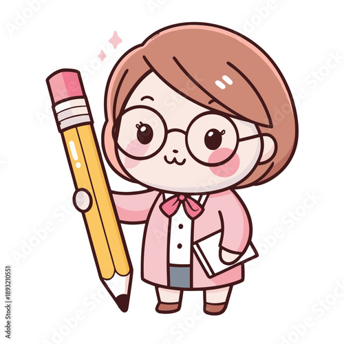 Minimal Cute Teacher Character Holding a Pencil Vector Illustration