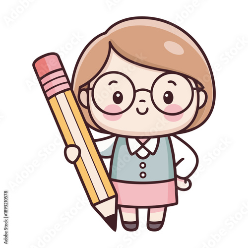 Minimal Cute Teacher Character Holding a Pencil Vector Illustration