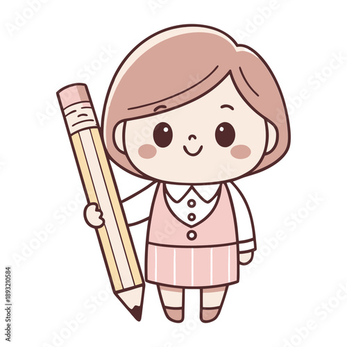 Minimal Cute Teacher Character Holding a Pencil Vector Illustration