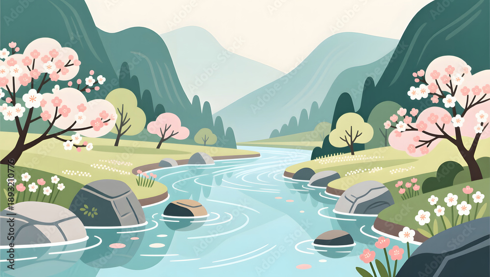 Obraz premium Spring valley stream with blooming flowers on both banks