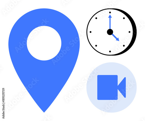 Navigation, time monitoring, digital recording, scheduling, multimedia creation, video communication. Blue location pin, clock and video camera icons. Navigation and time monitoring concepts