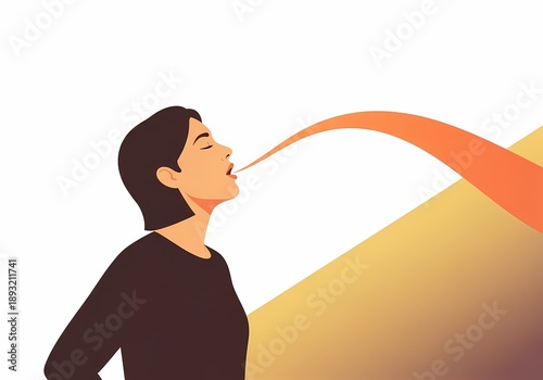 Minimal illustration of a person speaking with flowing shapes symbolizing words, voice, and expression. Ideal for language learning, conversation, and communication concepts.