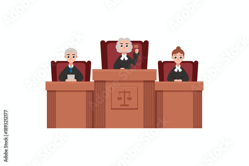 Flat vector illustration of a panel of judges sitting at the courtroom bench with a gavel and scales of justice