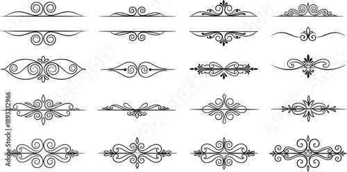 Large collection of black vintage ornamental dividers and decorative swirls vector set for formal wedding invitations luxury branding certificate design and elegant page flourishes.