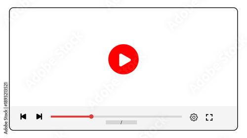 Clean video player interface on a blank screen with a red play button isolated on transparent background