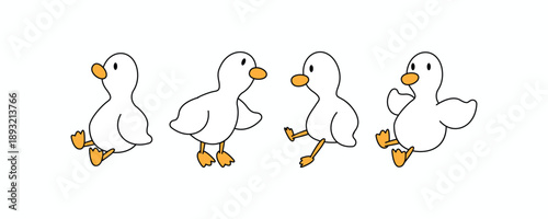 Cute white duck cartoon character set in various poses including sitting, walking, and flapping wings, perfect for children's book design