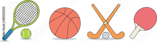 Sports equipment icons set with tennis basketball hockey and table tennis symbols in flat vector style