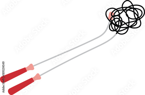 Tangled jump rope illustration symbolizing problem confusion challenge and complexity with simple handles in minimal vector style