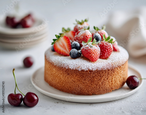 Fresh homemade sponge cake topped with strawberries, blueberries and powdered sugar, served on a white plate in bright natural light.