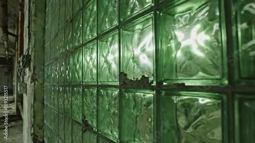 Textured green glass block wall in abandoned industrial building with crumbling paint for forgotten urban decay concept and mysterious atmosphere